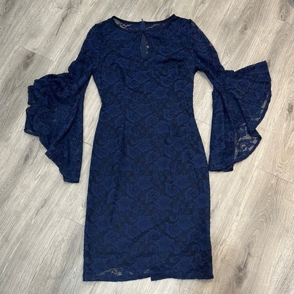 Navy Blue Lace Dress Women’s Large Bodycon Midi Cocktail Dress Bell Flare Sleeve - Picture 2 of 7